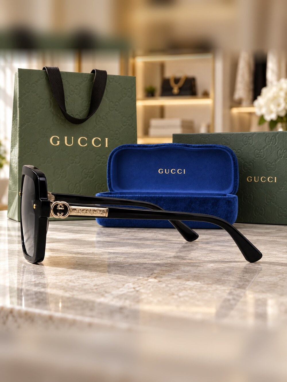 Gucci Black Gold Trim Square Sunglasses - Picture 3 of 6